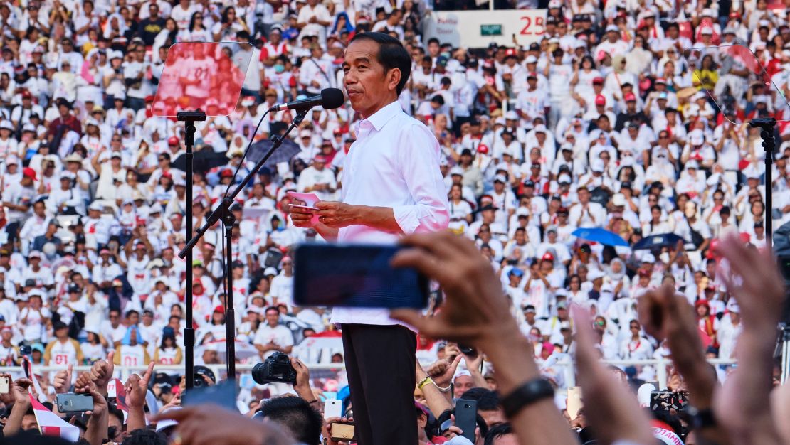 Indonesian President Joko Widodo at a rally at Jakarta's main stadium on April 13, 2019 in Jakarta.
