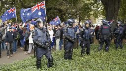 Police stand guard on June 25, 2017 in Melbourne, Australia. An anti racist rally was organized to counter an 'Australian pride march' held by far-right patriot groups.  (Photo by Darrian Traynor/Getty Images)