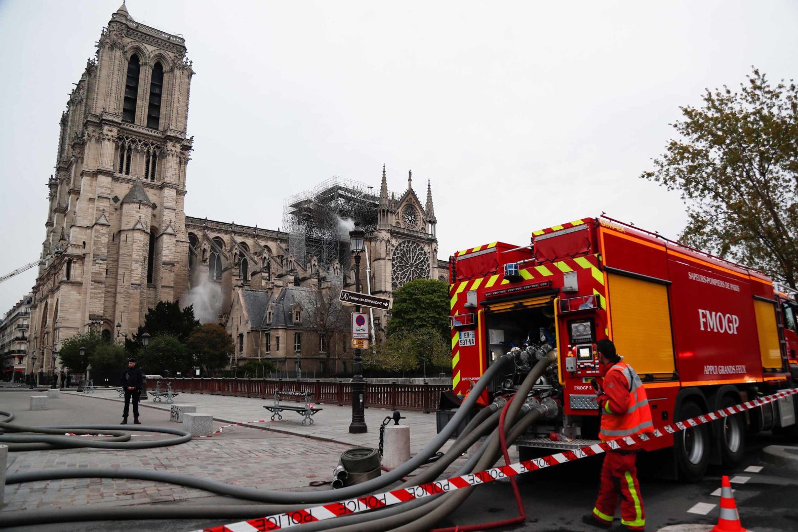 Fire crews continue to secure the cathedral on April 16, 2019.