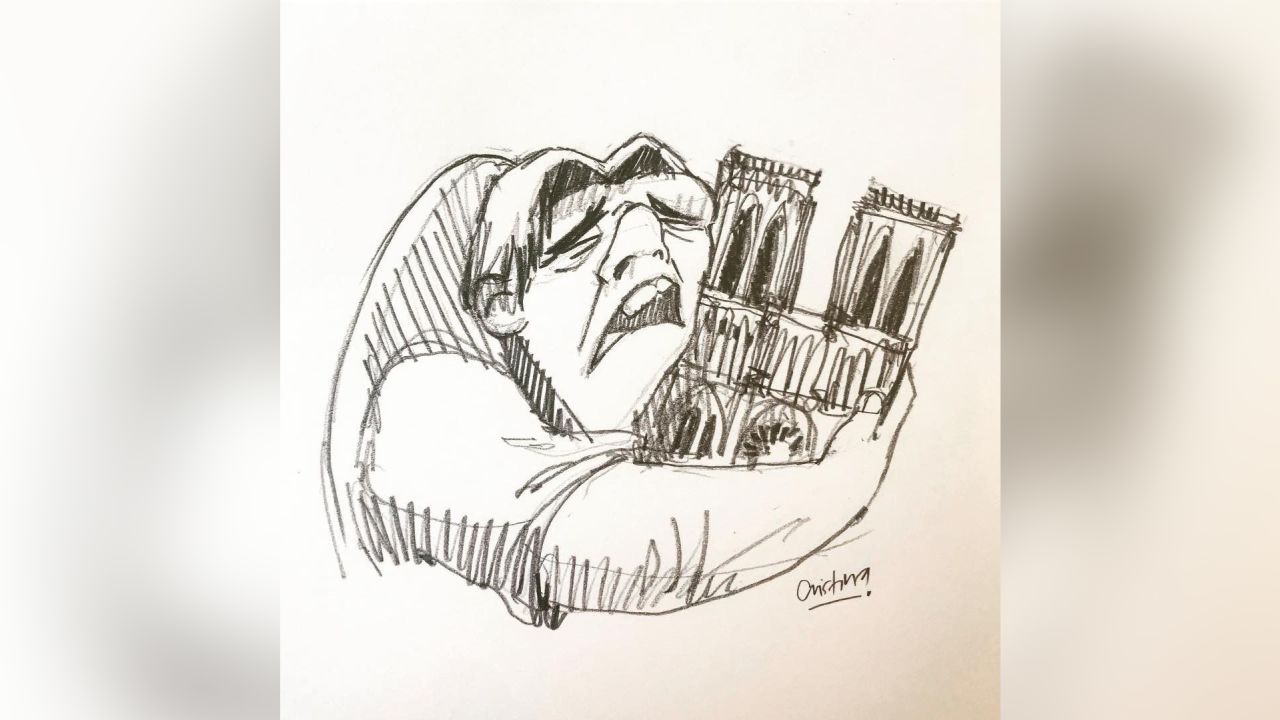 Notre Dame's famously hunchbacked bell ringer hugs the landmark in Cristina Correa Freile's illustration.