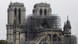 View of the Notre Dame cathedral after the fire in Paris, Tuesday, April 16, 2019. A catastrophic fire engulfed the upper reaches of Paris' soaring Notre Dame Cathedral as it was undergoing renovations Monday, threatening one of the greatest architectural treasures of the Western world as tourists and Parisians looked on aghast from the streets below. (AP Photo/Kamil Zihnioglu)