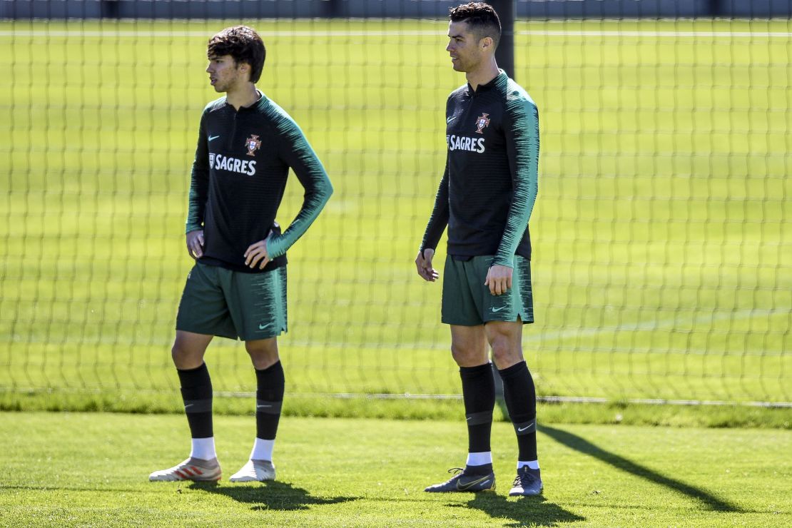 Cristiano Ronaldo (R)  Joao Felix train for the Portugal national team.