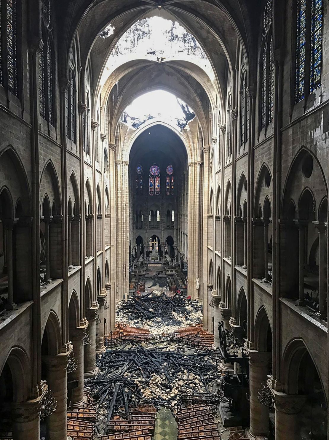 The charred interior of the Notre Dame Cathedral after Monday's devastating fire.