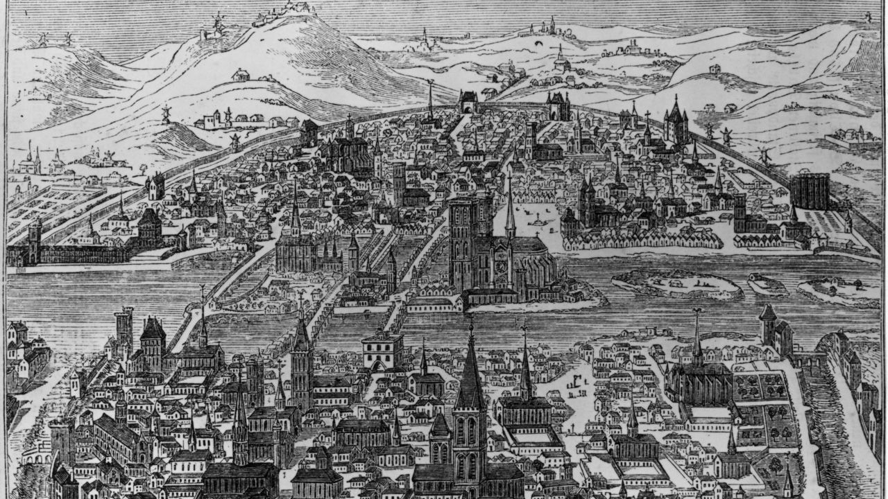A map circa 1600 of Paris -- with Notre Dame in the center.