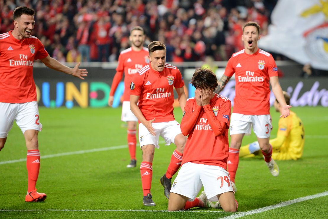 Joao Felix celebrates after scoring against Eintracht Frankfurt.