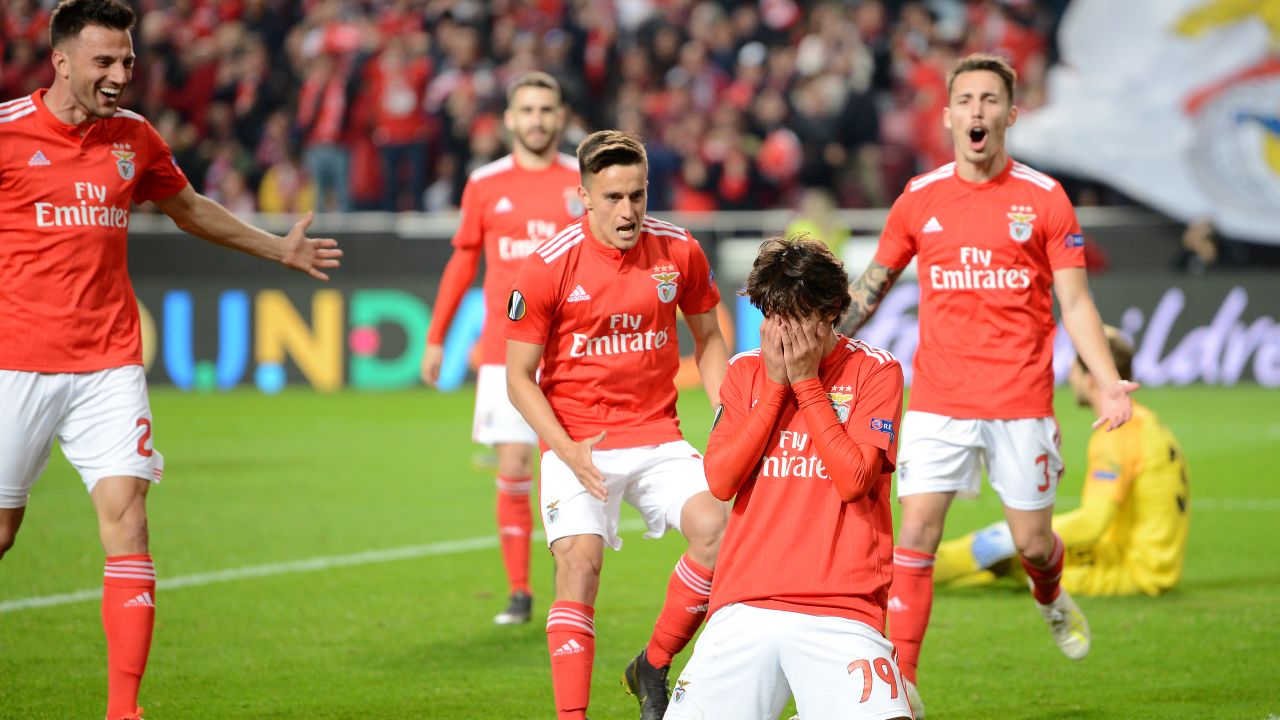Joao Felix reacts after scoring against Eintracht Frankfurt.