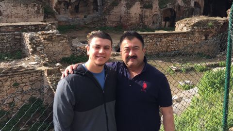 Arslan Hidayat (left) seen with his father-in-law, Uyghur comedian Adil Mijit, who the family say they have not heard from since November 2018. 