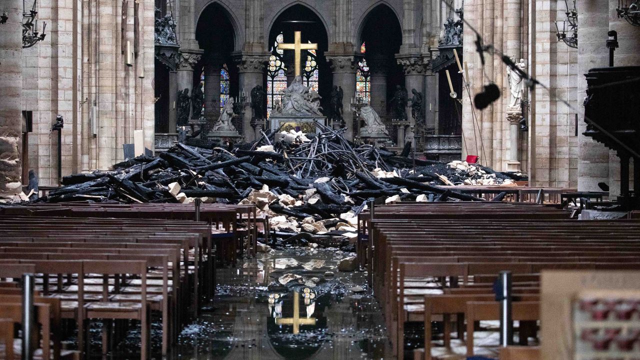 Debris that from the burnt out roof piled up near the altar.