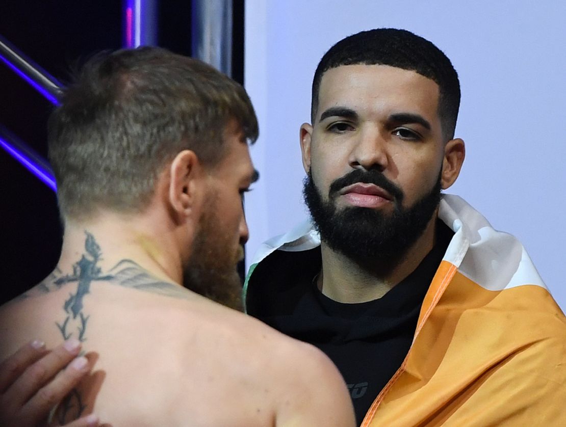 Conor McGregor and rapper Drake attend a ceremonial weigh-in for UFC 229 on October 5, 2018, in Las Vegas.