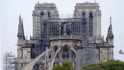 PARIS, FRANCE - APRIL 16: The cathedral of Notre-Dame de paris is seen the day after the massive fire that ravaged its roof on April 16, 2019 in Paris, France. A fire broke out on Monday afternoon and quickly spread across the building, collapsing the spire. The cause is unknown but officials said it was possibly linked to ongoing renovation work.  (Photo by Chesnot/Getty Images)