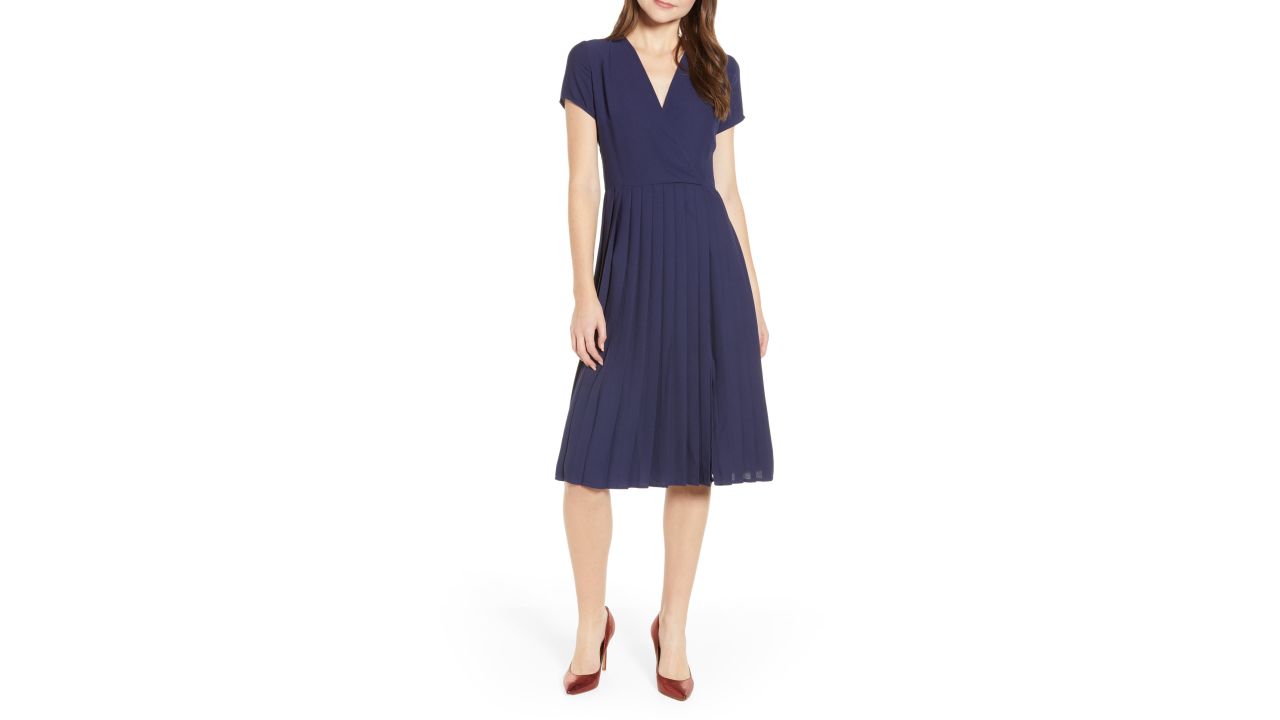 <strong>LEITH Pleated Surplice Dress ($37.49, originally $75; </strong><a href="https://click.linksynergy.com/deeplink?id=Fr/49/7rhGg&mid=1237&u1=0416nordspringsale&murl=https%3A%2F%2Fshop.nordstrom.com%2Fs%2Fleith-pleated-surplice-dress-regular-plus-size%2F5036970%3Forigin%3Dcategory-personalizedsort%26breadcrumb%3DHome%252FSale%252FWomen%26color%3Dnavy%2520peacoat" target="_blank" target="_blank"><strong>nordstrom.com</strong></a><strong>) </strong>