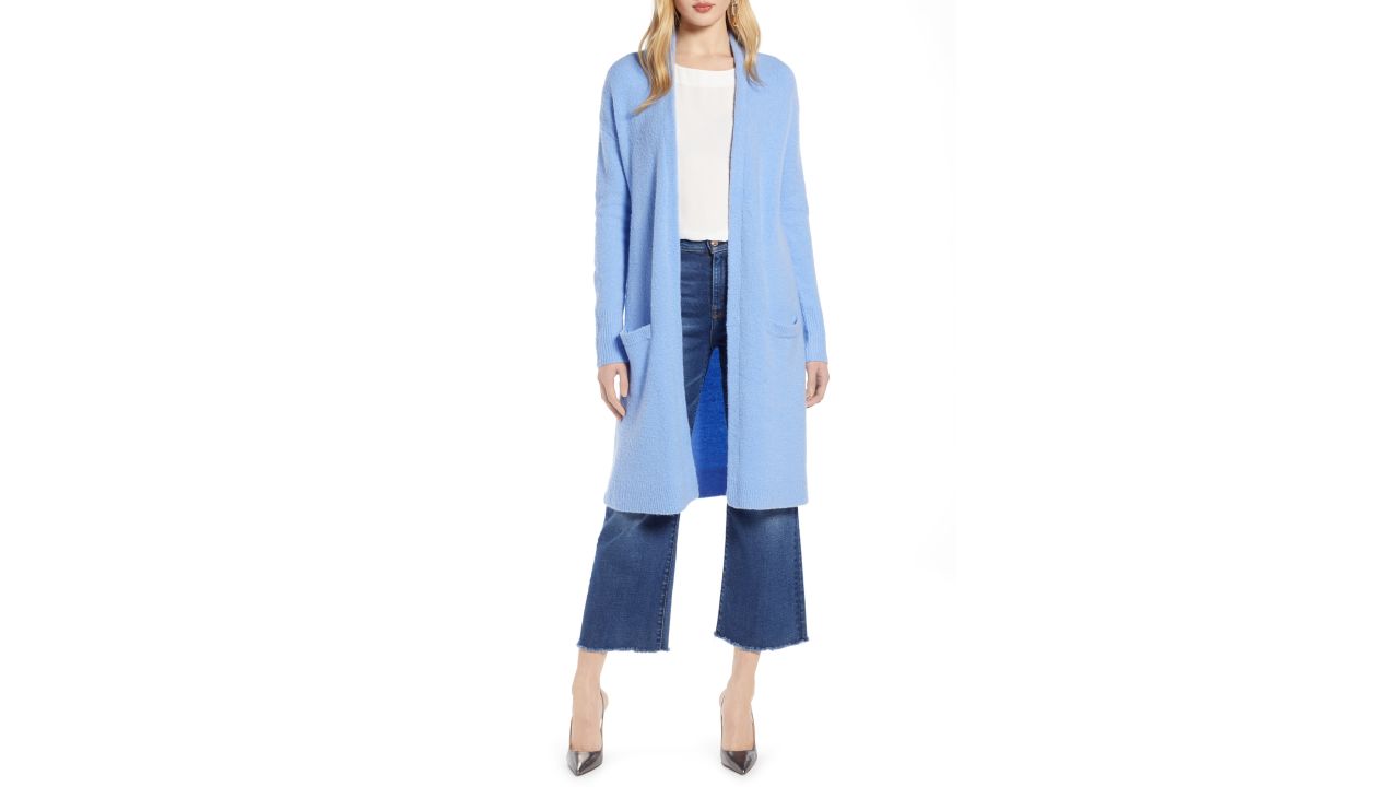 <strong>Halogen Long Open Front Cardigan ($39.49, originally $79; </strong><a href="https://click.linksynergy.com/deeplink?id=Fr/49/7rhGg&mid=1237&u1=0416nordspringsale&murl=https%3A%2F%2Fshop.nordstrom.com%2Fs%2Fhalogen-long-open-front-cardigan-regular-petite%2F5041878%3Forigin%3Dcategory-personalizedsort%26breadcrumb%3DHome%252FSale%252FWomen%26color%3Dblue%2520cornflower" target="_blank" target="_blank"><strong>nordstrom.com</strong></a><strong>) </strong>