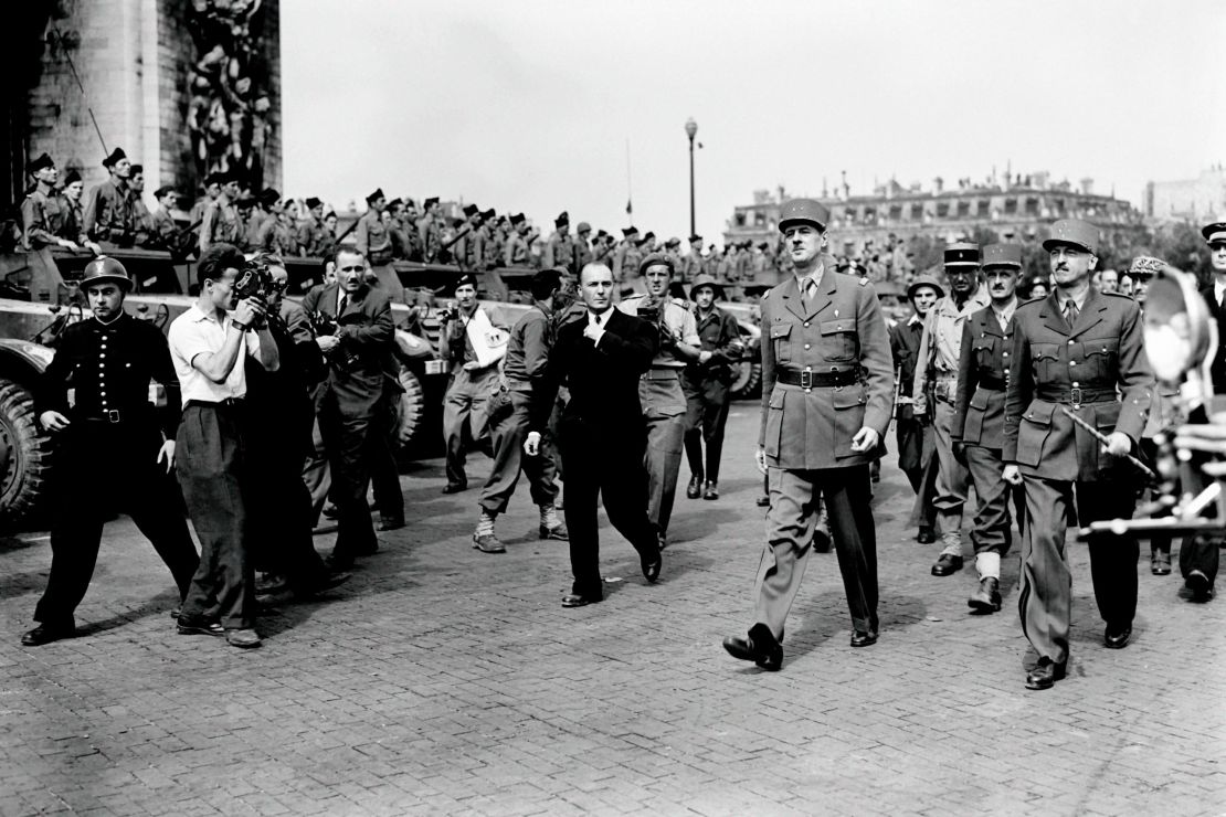 Charles de Gaulle and French war general Philippe Leclerc prepare to march down the Champs Elysees to Notre Dame Cathedral after the liberation of Paris in August 1944.