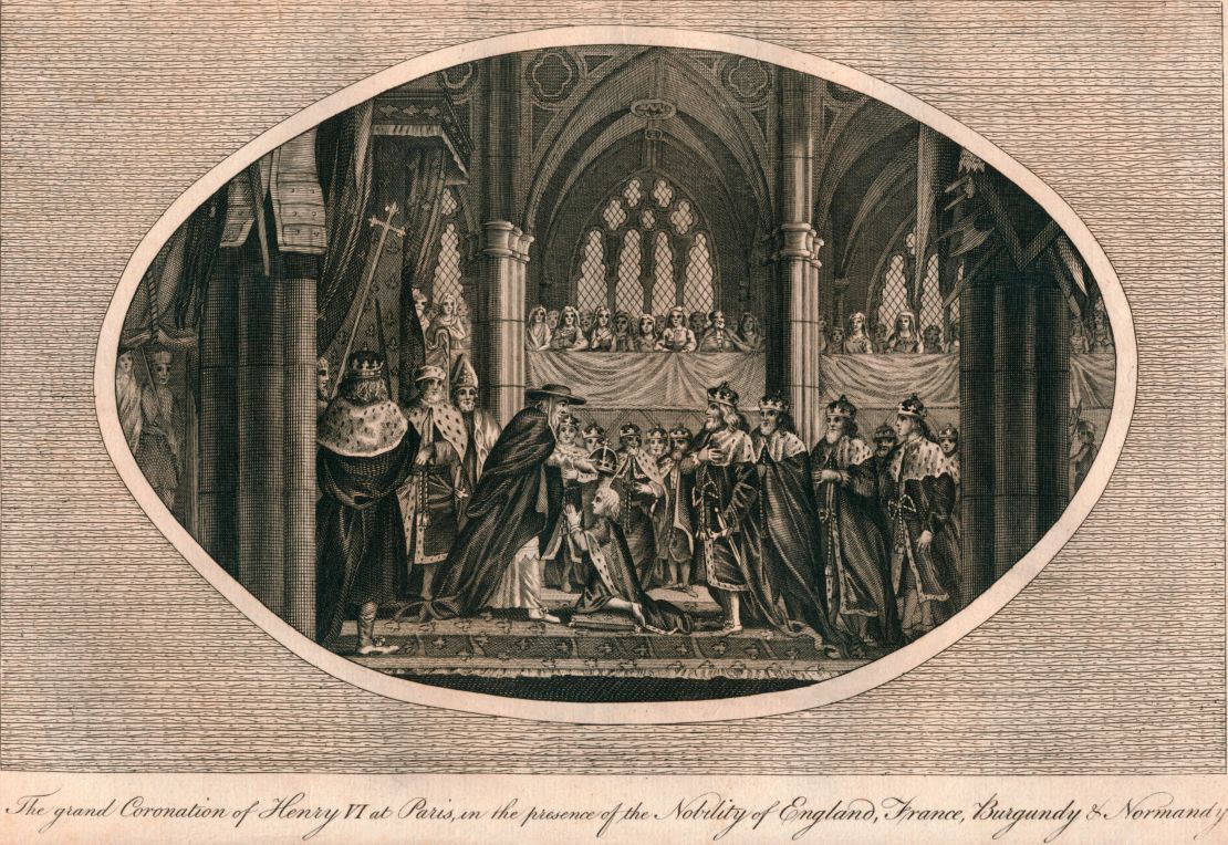 The 1431 coronation of Henry VI, depicted in the 18th century by an unknown artist. Henry, an English king, also claimed to be King of France after being crowned at Notre Dame, though his legitimacy was disputed at the time by supporters of France's own Charles VII.