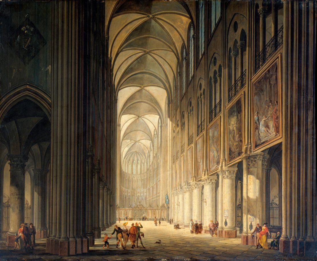 An interior view of Notre Dame, as seen by the French painter Jean-François Depelchin in 1789.