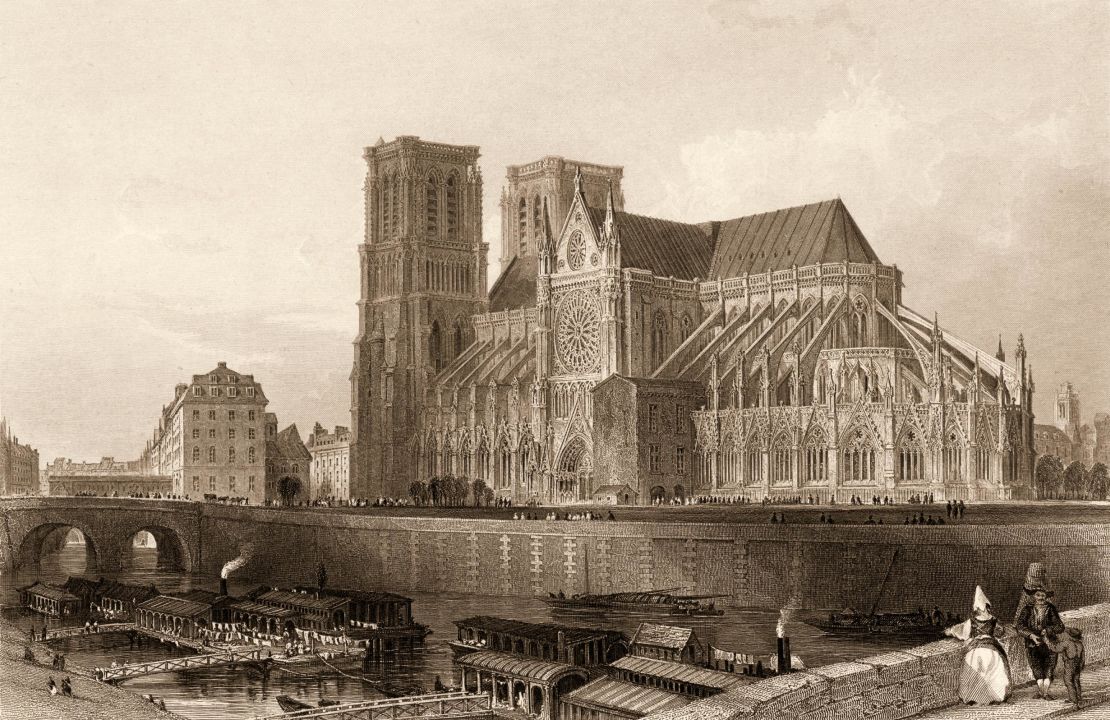 Engraving from the late 1840s shows Notre Dame and the Seine River.