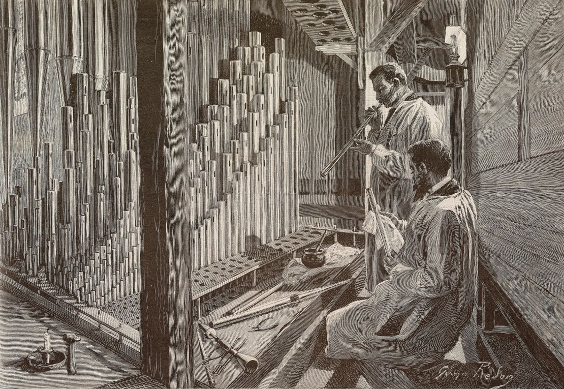 An illustration from 1894 shows the pipes of the cathedral's organ being cleaned. It is understood that the organ survived Monday's fire intact.