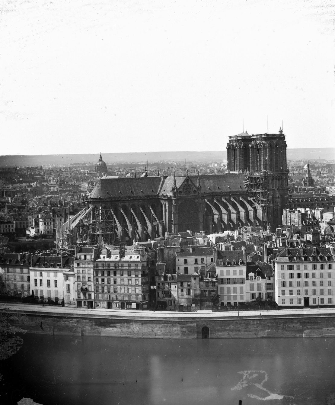 An 1855 image shows cathedral, as it was then, without a spire -- the one that collapsed Monday night was only erected during a sweeping 19th-century restoration.