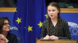 Swedish climate activist Greta Thunberg (R) speaks during a debate with the EU Environment, Public Health and Food Safety Committee during a session at the European Parliament on April 16, 2019 in Strasbourg, eastern France. - Sweden's teenage activist Greta Thunberg on April 16 urged Europeans to vote in next month's elections on behalf of young people like her who cannot yet cast ballots but demand decisive action against climate change. During a visit to the European Parliament in the French city of Strasbourg, Thunberg, 16, told a press conference that time is running out to stop the ravages of global warming. (Photo by FREDERICK FLORIN / AFP)        (Photo credit should read FREDERICK FLORIN/AFP/Getty Images)