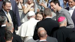 Pope Francis greets Swedish teenage environmental activist Greta Thunberg during his weekly audience at the Vatican on Wednesday, April 17, 2019. 
