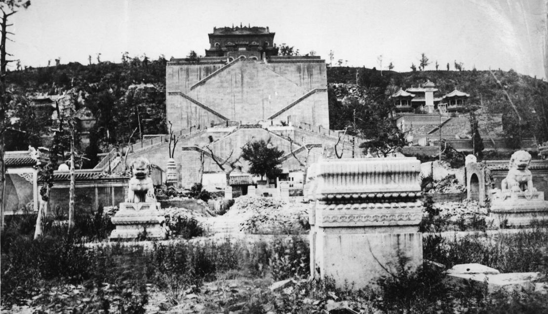 Imperial bronze lion sculptures in the ruins of the Old Summer Palace, Beijing, China, 1869. The Palace, formerly the residence of emperors of the Qing Dynasty, was destroyed by British and French forces during the Second Opium War in 1860.