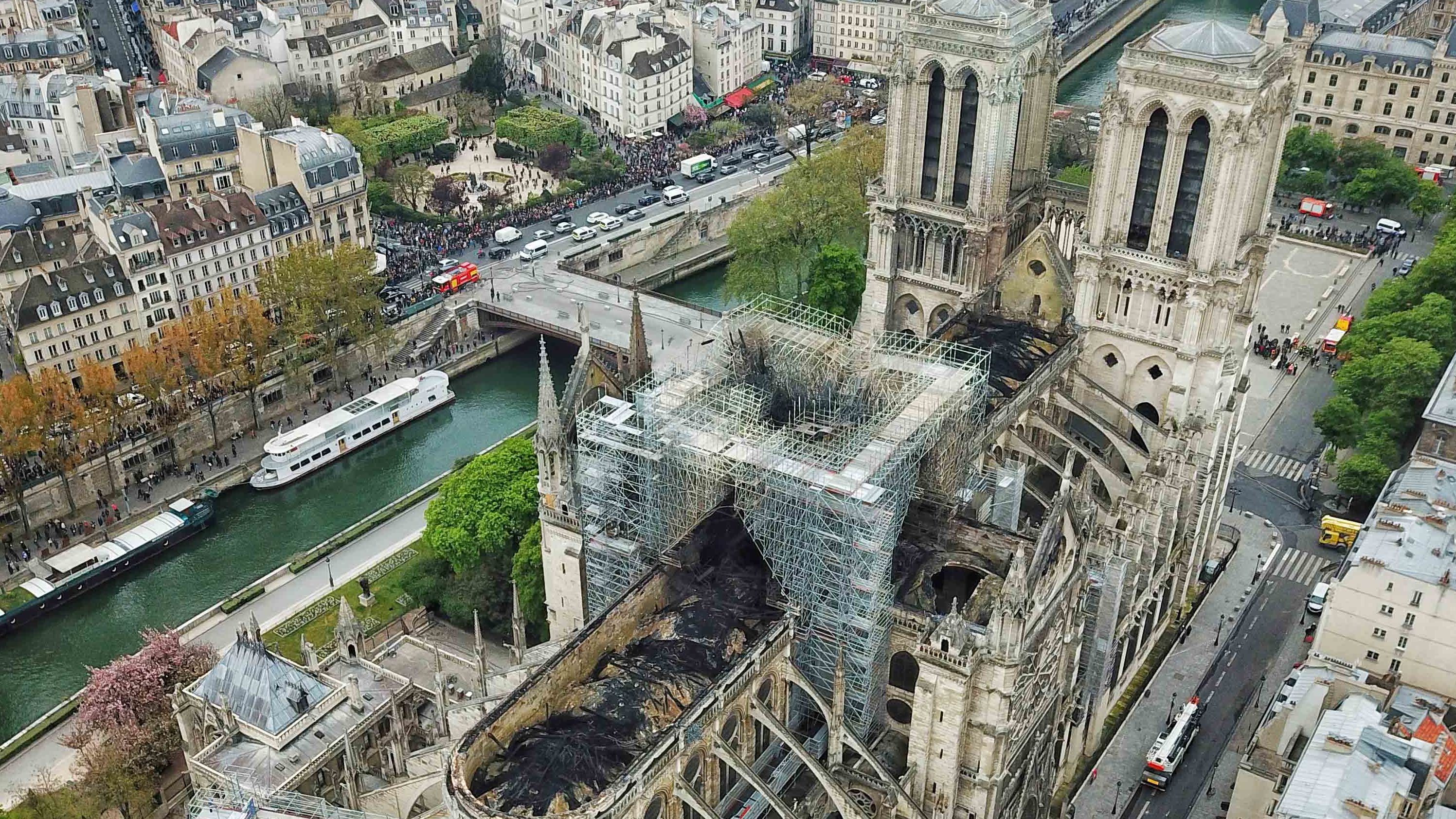 The blackened structure of Notre Dame cathedral, where a fire broke out on Monday.