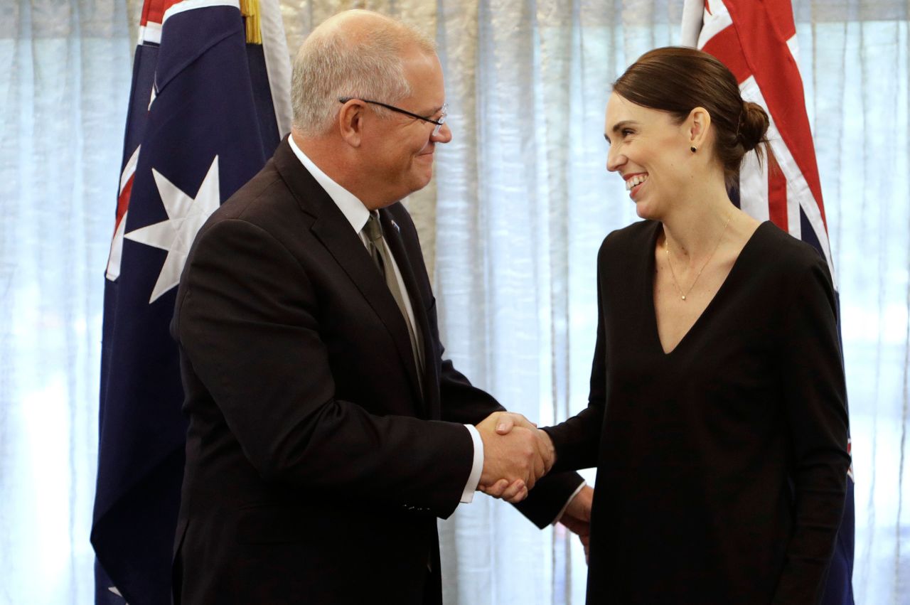 New Zealand Prime Minister Jacinda Ardern (R) shakes hands with Australian Prime Minister Scott Morrison at a bilateral meeting following a national remembrance service for the victims of the March 15 mosques terrorist attack in Christchurch on March 29, 2019.