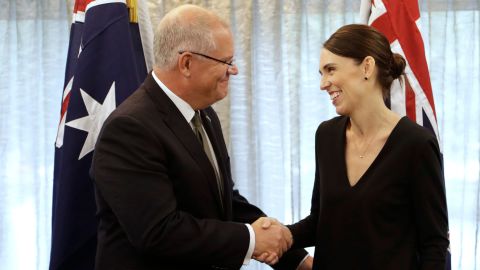 New Zealand Prime Minister Jacinda Ardern (R) shakes hands with Australian Prime Minister Scott Morrison at a bilateral meeting following a national remembrance service for the victims of the March 15 mosques terrorist attack in Christchurch on March 29, 2019.