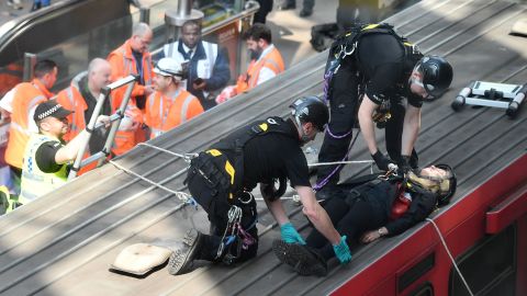 Police remove a climate change protester from the roof of a London train.