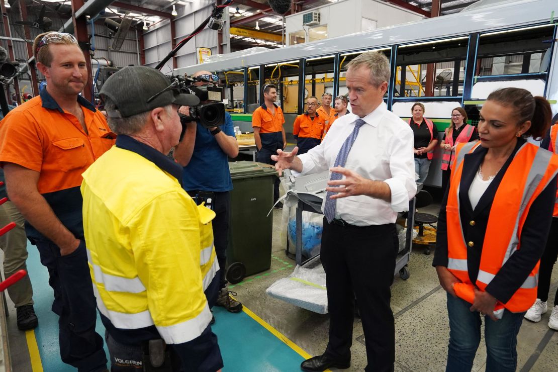 Opposition Leader Bill Shorten meets with workers during a visit to a Volgren Bus Australia facility in the federal seat of Cowan on April 17, 2019 in Perth, Australia. 