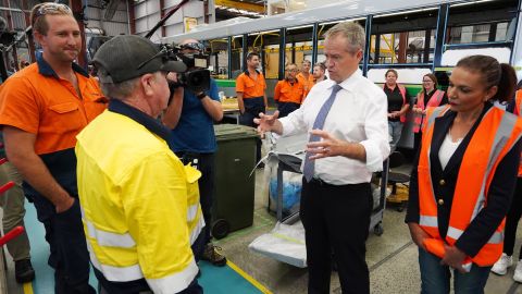 Opposition Leader Bill Shorten meets with workers during a visit to a Volgren Bus Australia facility in the federal seat of Cowan on April 17, 2019 in Perth, Australia.