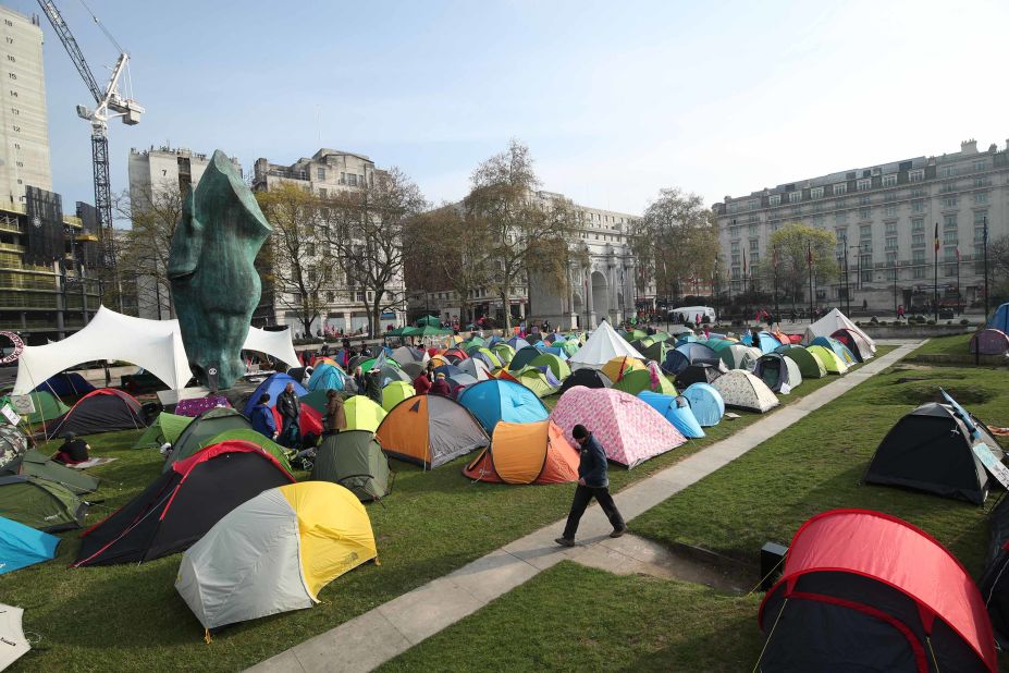 Extinction Rebellion demonstrators camp near Marble Arch, London, on April 16.