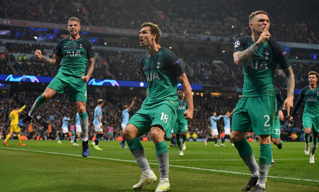 Tottenham Hotspur striker Fernando Llorente celebrates his controversial goal.