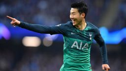 Tottenham Hotspur's South Korean striker Son Heung-Min celebrates scoring the team's first goal during the UEFA Champions League quarter final second leg football match between Manchester City and Tottenham Hotspur at the Etihad Stadium in Manchester, north west England on April 17, 2019. (Photo by Ben STANSALL / AFP)        (Photo credit should read BEN STANSALL/AFP/Getty Images)