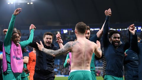 Mauricio Pochettino celebrated wildly with his players at full time.
