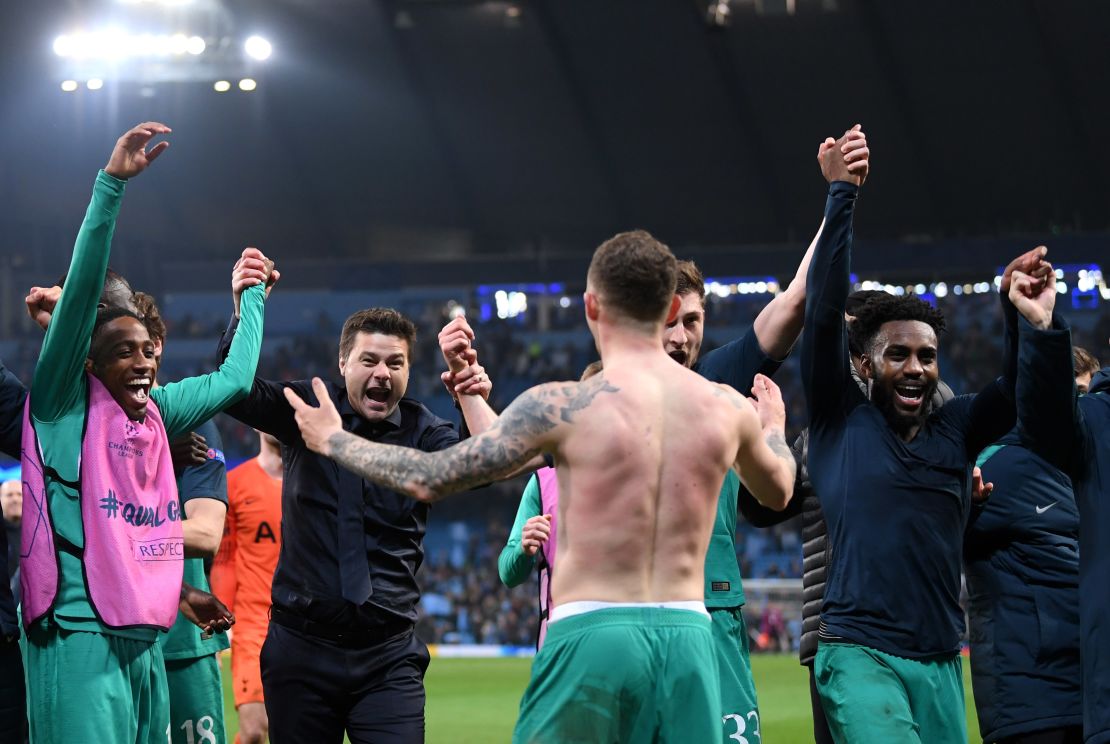 Mauricio Pochettino celebrated wildly with his players at full time.