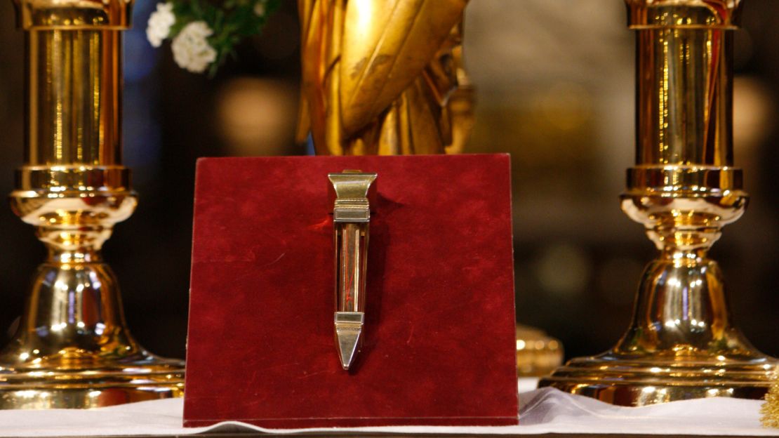 Christ's Passion relics at Notre Dame cathedral. The nail from the cross is pictured.