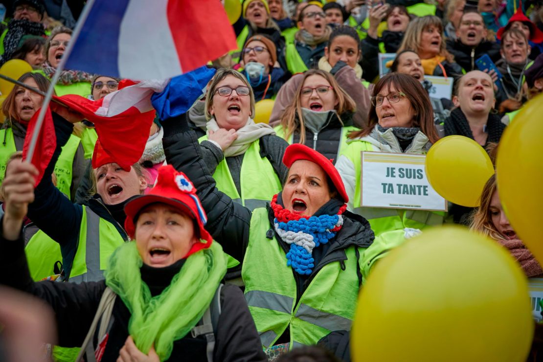 A group of women participate in France's "yellow vest" protests in January.