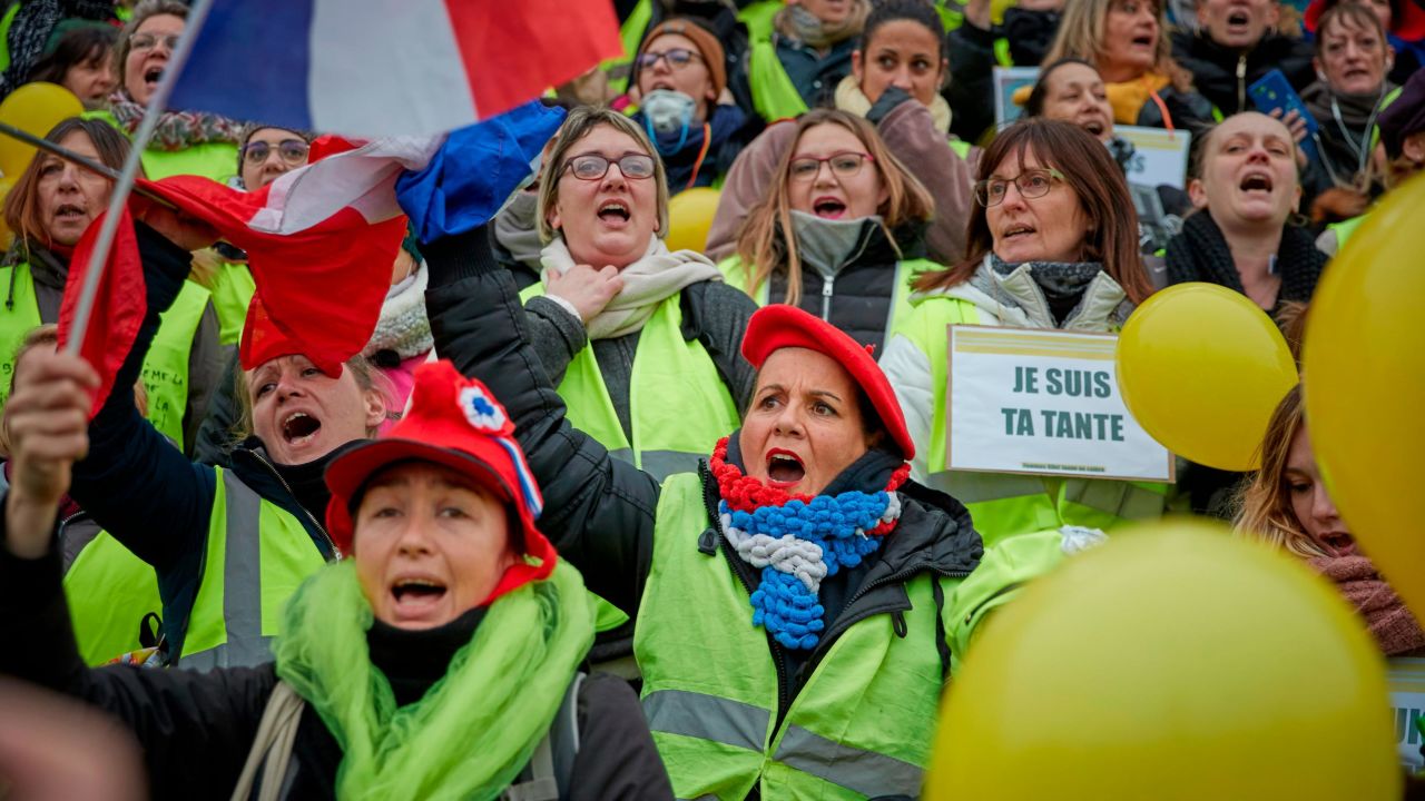 A group of women participate in France's "yellow vest" protests in January.