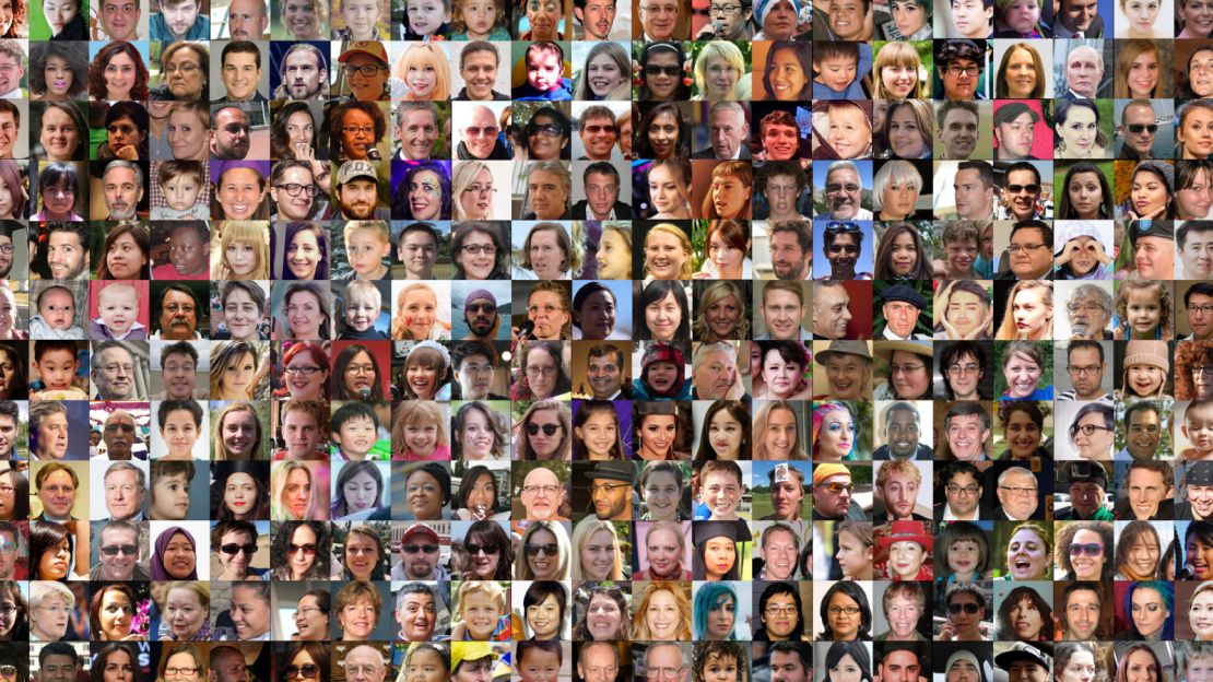 These faces are in the dataset Nvidia compiled to train its StyleGAN AI system. 