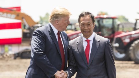 US President Donald Trump shakes hands with Foxconn CEO Terry Gou at the groundbreaking for the Foxconn Technology Group computer screen plant on June 28, 2018 in Mt Pleasant, Wisconsin.