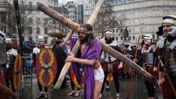 LONDON, ENGLAND - MARCH 30: The Wintershall Players perform 'The Passion of Jesus' in front of crowds in Trafalgar Square on Good Friday, March 30, 2018 in London, England. Good Friday is a Christian holiday preceding Easter Sunday which commemorates the crucifixion of Jesus Christ. The Wintershall Players theatrical group today mark the occasion with a reenactment of the Passion of Jesus.  (Photo by Jack Taylor/Getty Images)