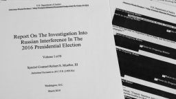 Special counsel Robert Mueller's redacted report on Russian interference in the 2016 presidential election as released on Thursday, April 18, 2019, is photographed in Washington. (AP Photo/Jon Elswick)