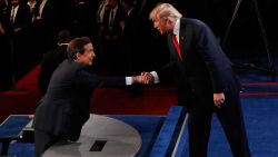 LAS VEGAS, NV - OCTOBER 19:  Republican presidential nominee Donald Trump shakes hands with Fox News anchor and moderator Chris Wallace after the third U.S. presidential debate at the Thomas & Mack Center on October 19, 2016 in Las Vegas, Nevada. Tonight is the final debate ahead of Election Day on November 8.  (Photo by Mark Ralston-Pool/Getty Images)
