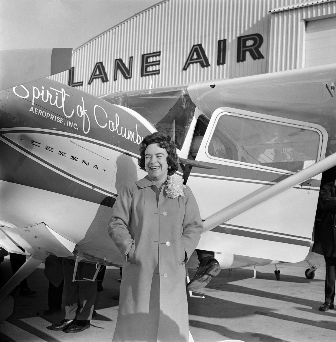 Jerrie Mock poses in front of her plane, The Spirit of Columbus, in 1964.
