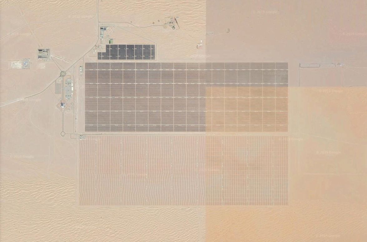 The Mohammed Bin Rashid Al Maktoum Solar Park, viewed via Google Earth. The park started with a 13-megwatt  photovoltaic array in 2013, adding 200 megawatts in phase two and 800 megawatts in phase three (due for completion in 2020). Dubai Electricity and Water Authority say the total investment for the solar park could reach $13.6 billion.