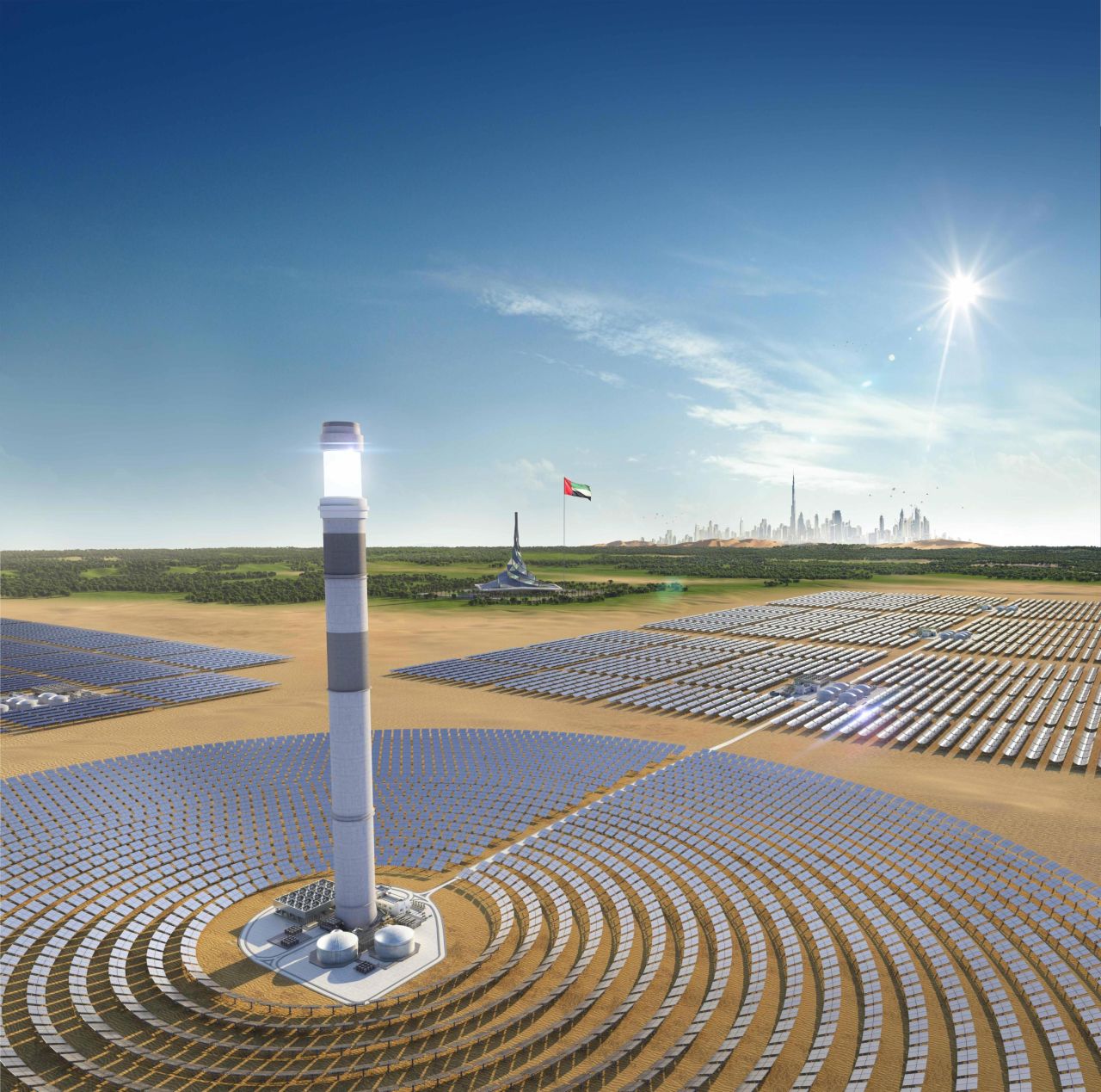 A digital rendering of the concentrated solar tower planned for the Mohammed Bin Rashid Al Maktoum Solar Park in Dubai.