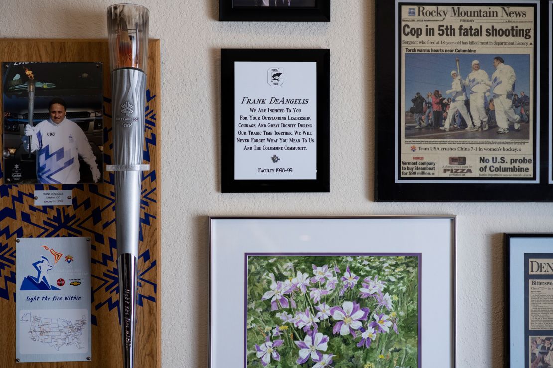 Framed memorabilia are displayed on Frank DeAngelis' office walls at his home.