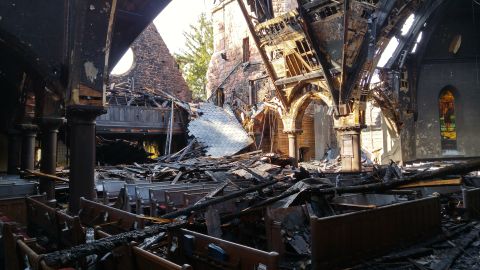 The sanctuary of First Presbyterian Church of Englewood after it suffered a fire during Holy Week in 2016.
