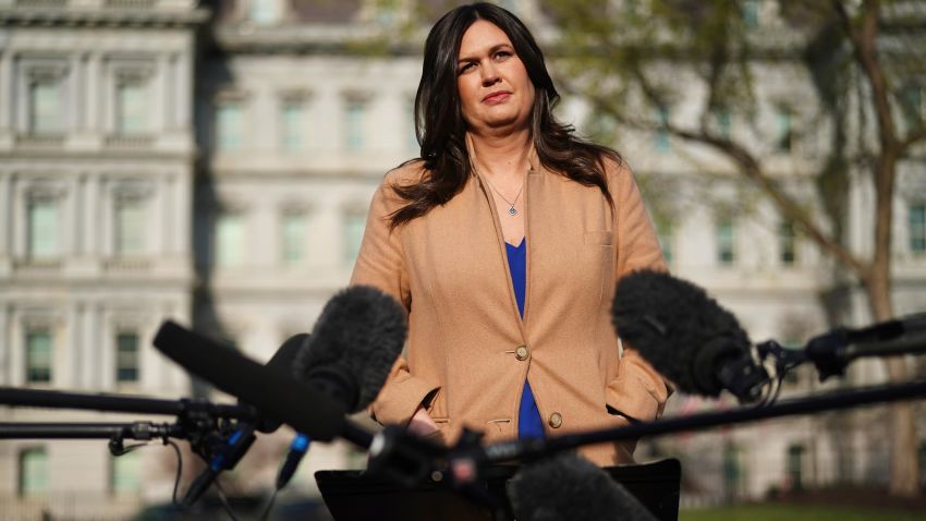 WASHINGTON, DC - APRIL 04: White House Press Secretary Sarah Huckabee Sanders talks to reporters after talking to FOX News outside the West Wing of the White House April 04, 2019 in Washington, DC. "Democrats continue to show day in and day out that they're nothing but sore losers," Sanders said. "I think they're a sad excuse for a political party." (Photo by Chip Somodevilla/Getty Images)